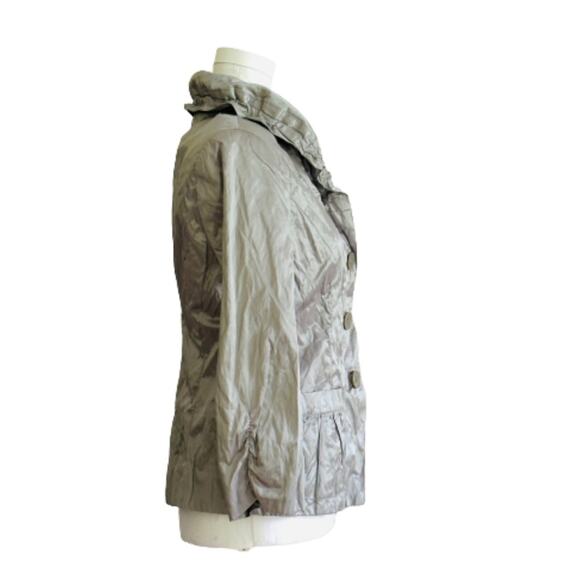 Chico’s Jacket Gray Green Metallic 3/4 Sleeve Ruffle Collar Rain Jacket Small - Picture 4 of 11